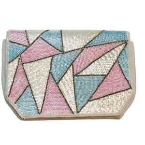 Vintage Geometric‎ Stained Glass Beaded Clutch Bag Lindsey Blake White Pink Blue